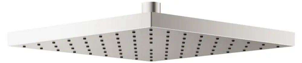 Kopfbrause von Keuco, eckiges Design mit mehreren Düsen für gleichmäßigen Wasserstrahl, montiert an einer zentralen Halterung.